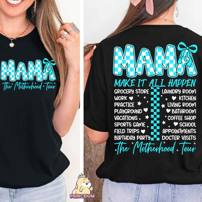 a woman wearing a black shirt that says mama