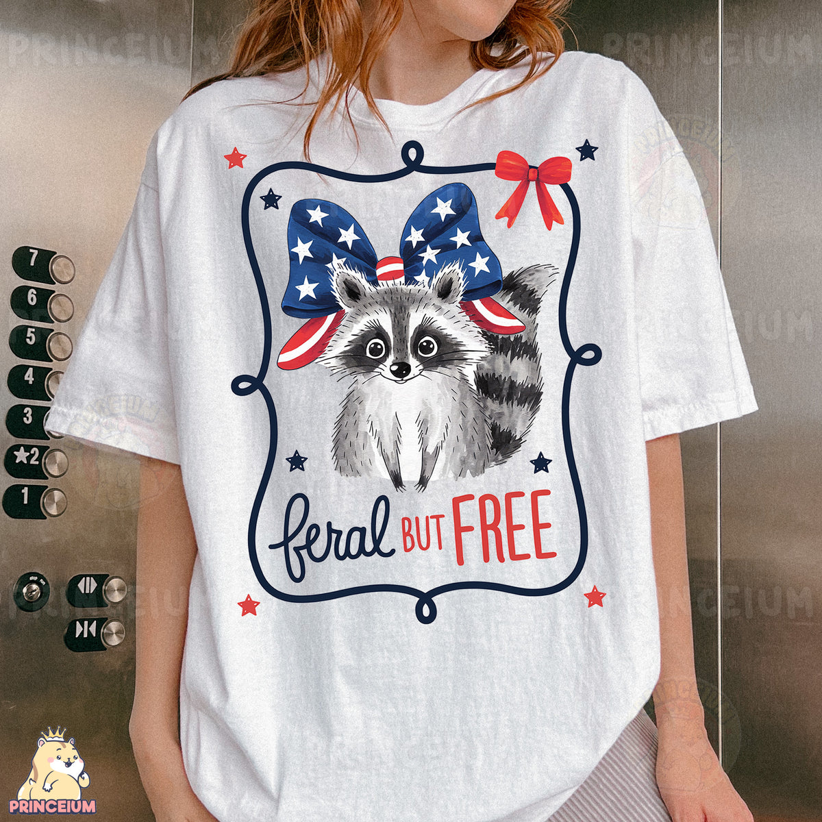 a woman wearing a t - shirt with a raccoon on it