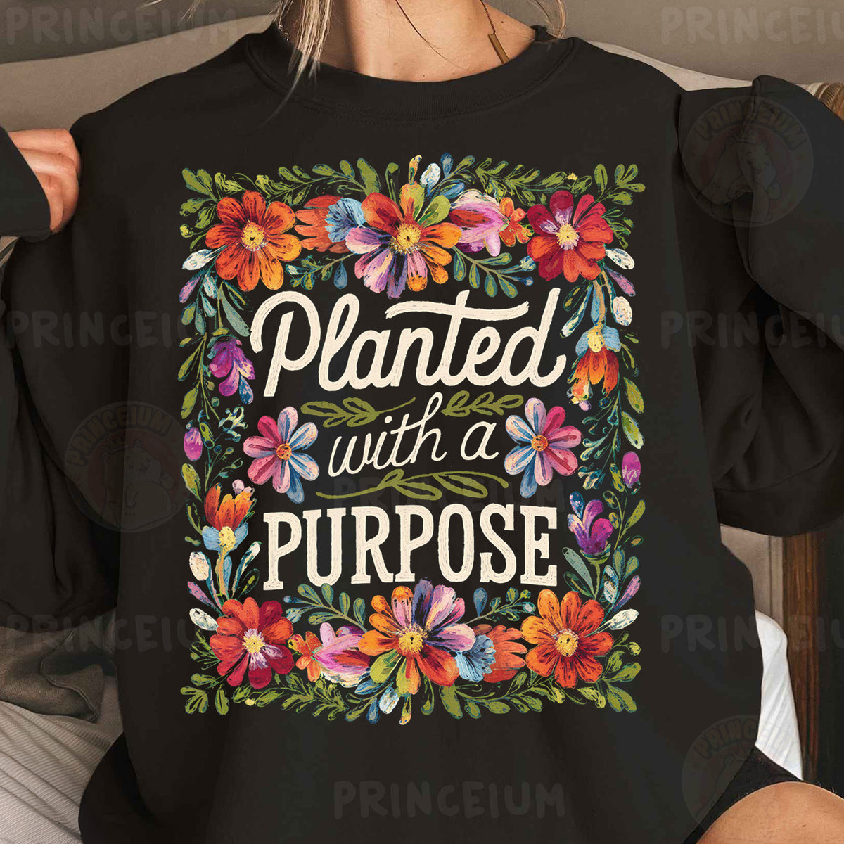 a woman wearing a black sweatshirt that says planted with a purpose
