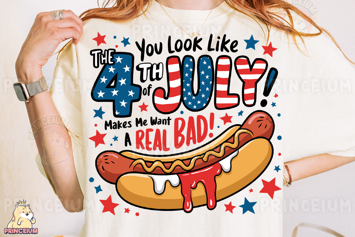 a woman wearing a t - shirt with a hot dog on it