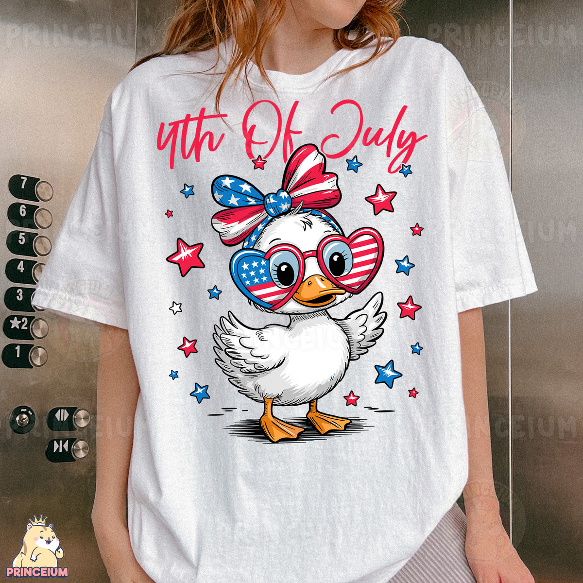 a woman wearing a white shirt with a duck wearing glasses
