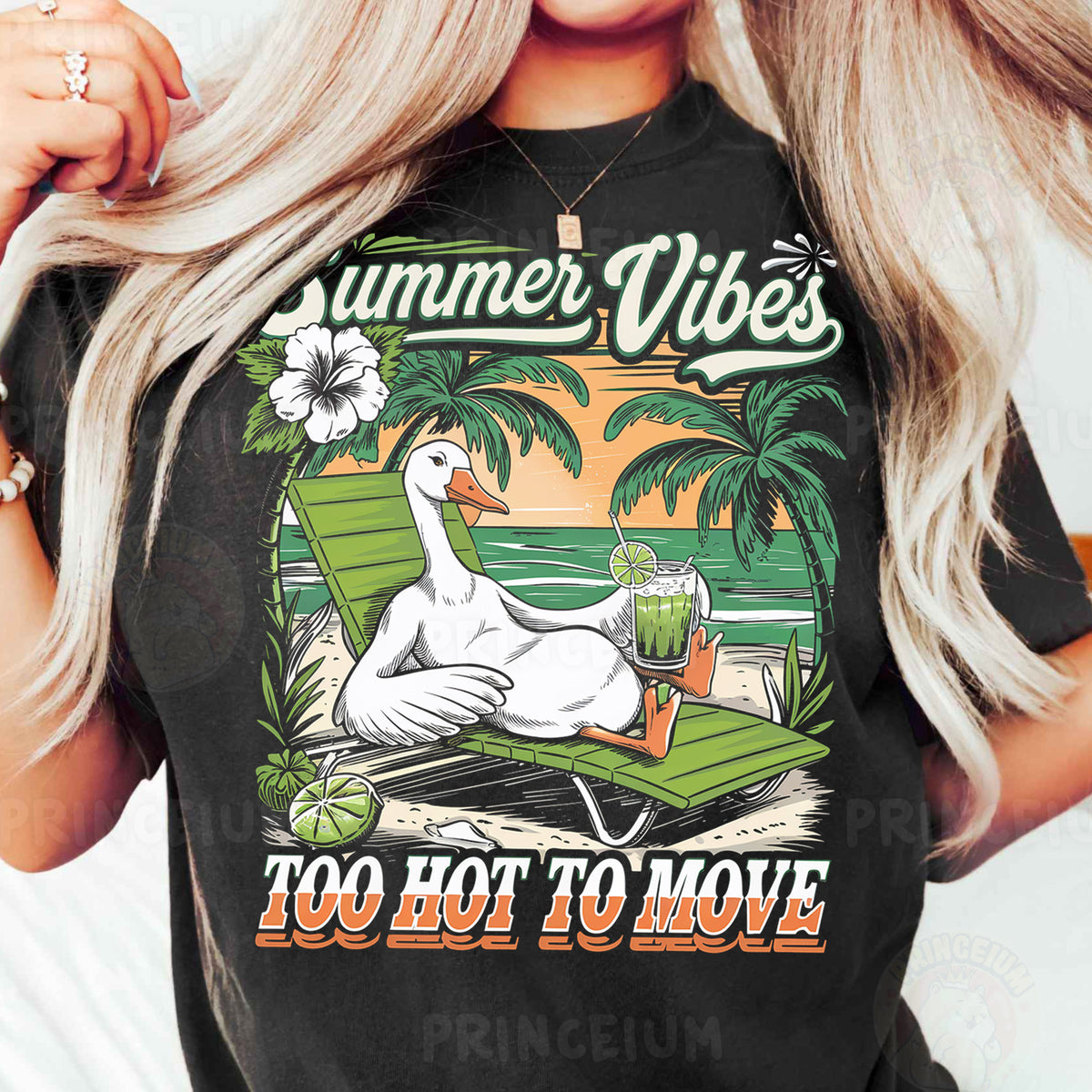 a woman wearing a black shirt with a goose on it