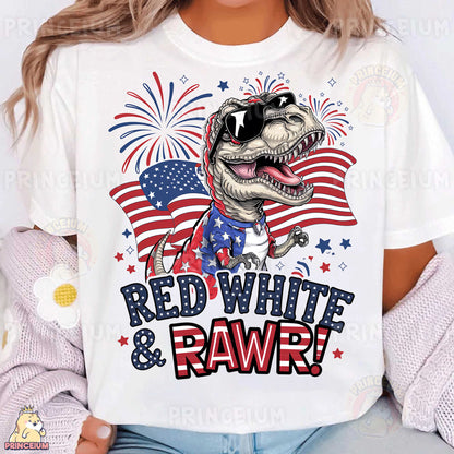 a woman wearing a red, white and raw t - shirt