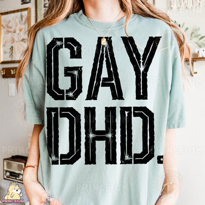 a woman wearing a t - shirt that says gay chic
