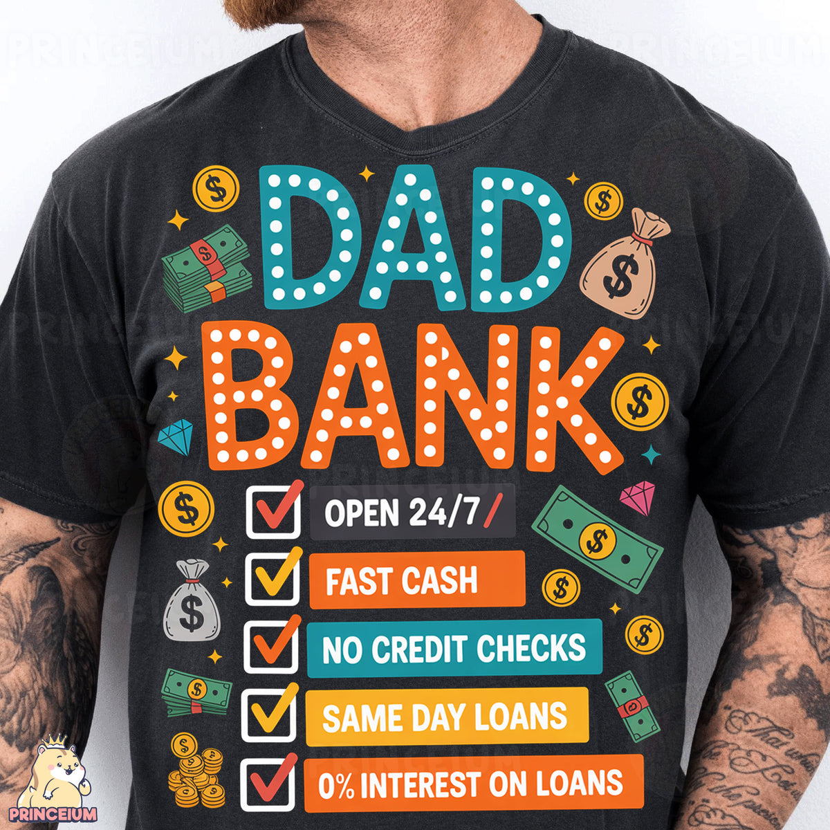 a man with a beard wearing a t - shirt that says dad bank