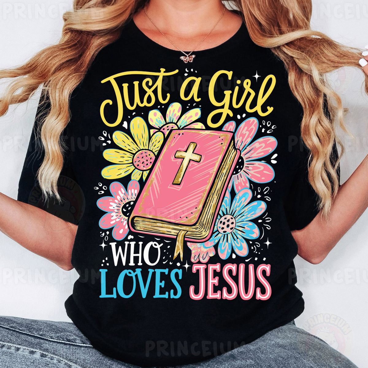 a woman wearing a t - shirt that says just a girl who loves jesus