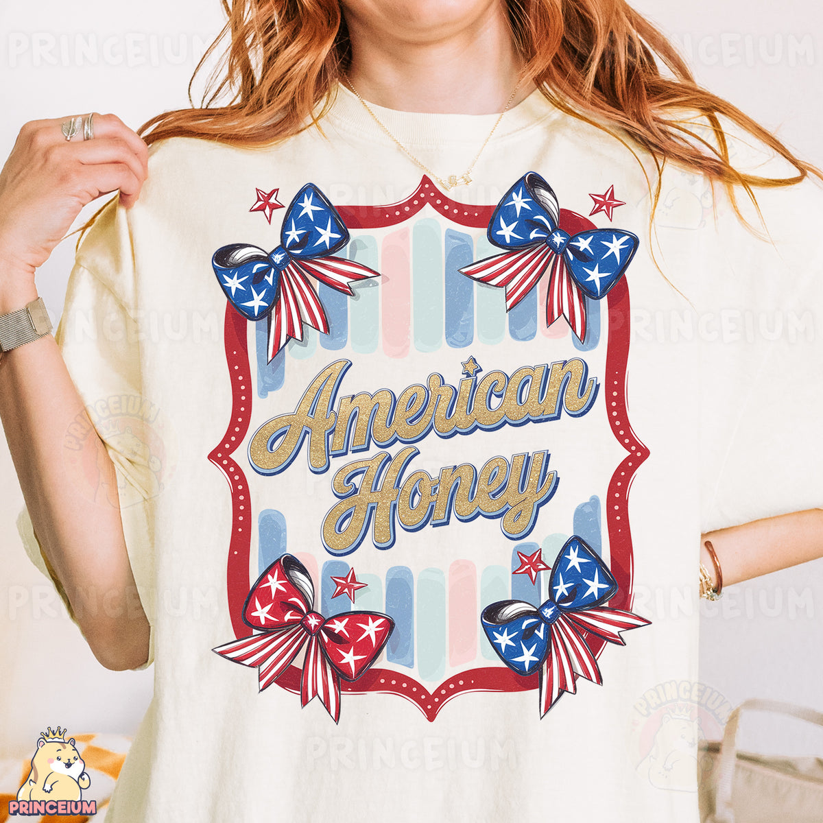 a woman wearing an american honey t - shirt