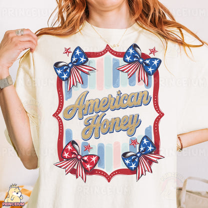 a woman wearing an american honey t - shirt