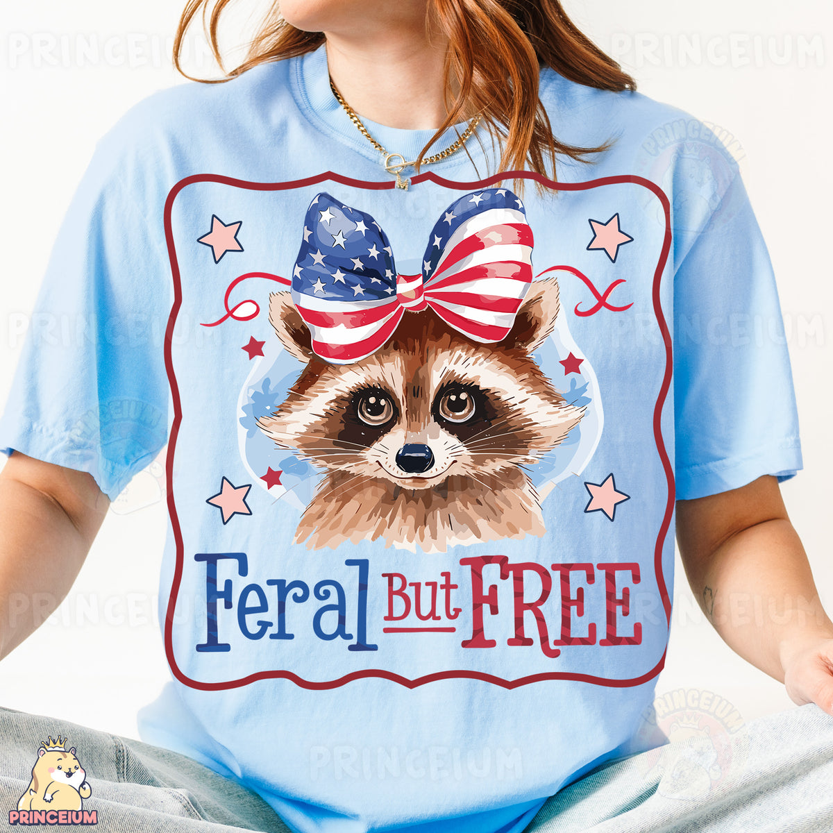a woman wearing a t - shirt with a raccoon wearing a bow tie