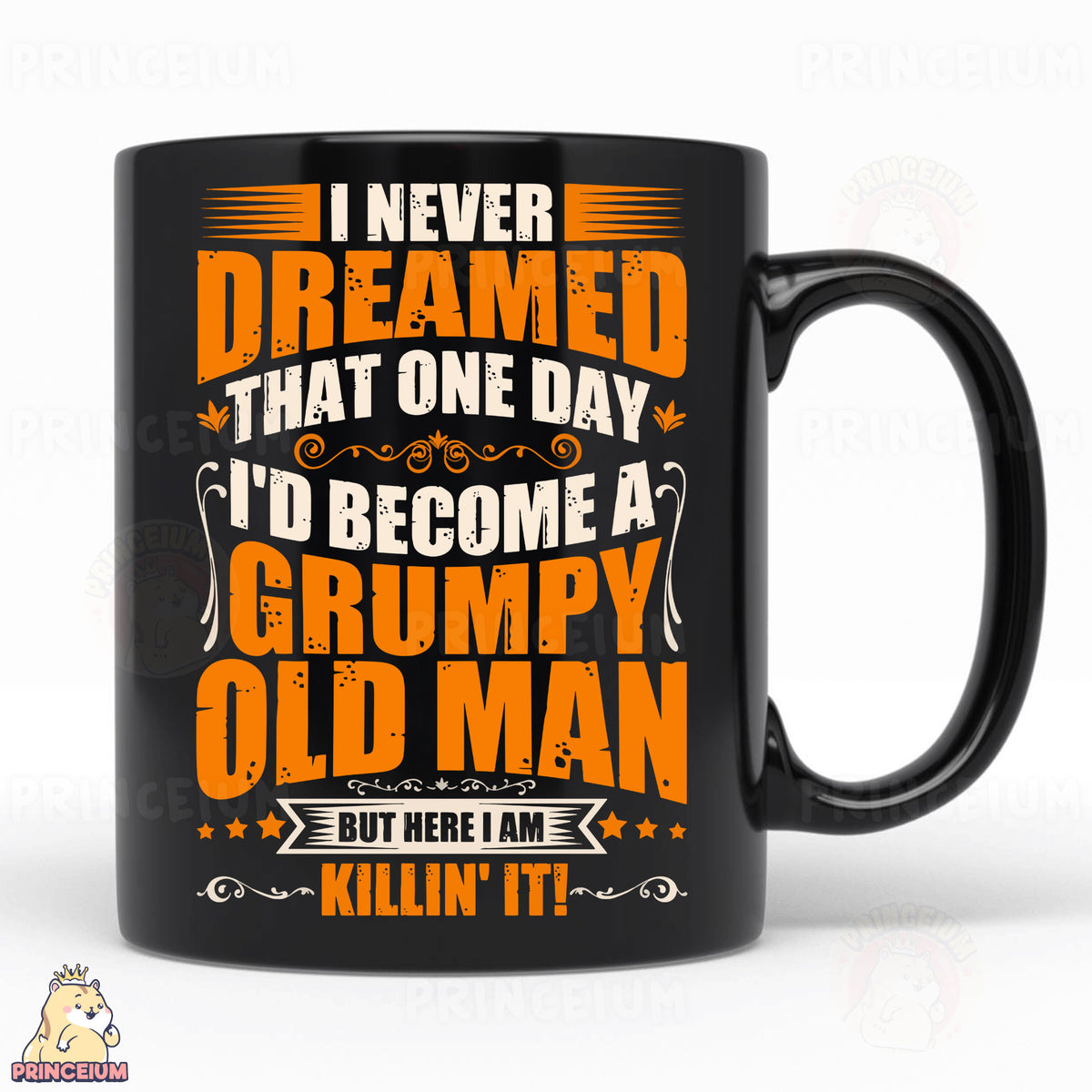 a black coffee mug with an orange print on it