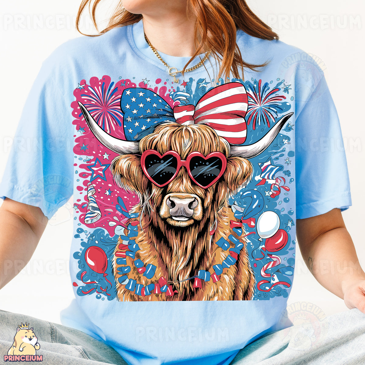 a woman wearing a blue shirt with a cow wearing sunglasses