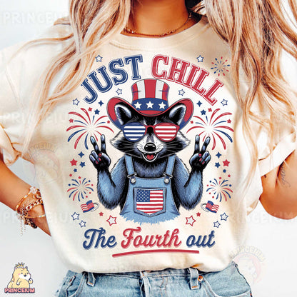a woman wearing a t - shirt that says just chill the fourth out