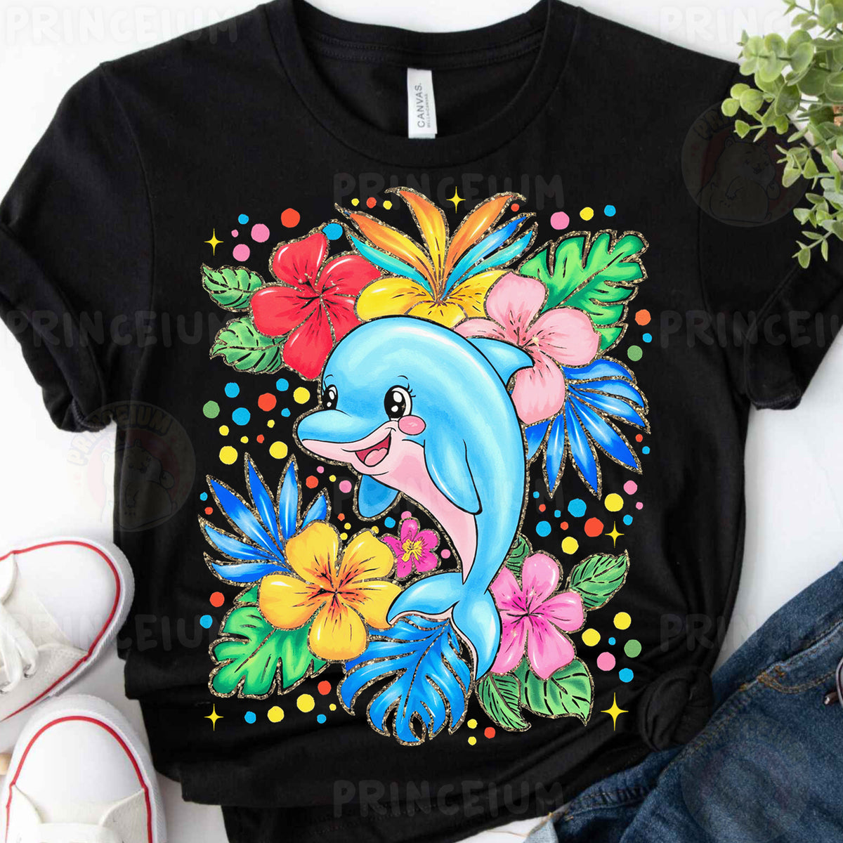 a t - shirt with a dolphin and flowers on it