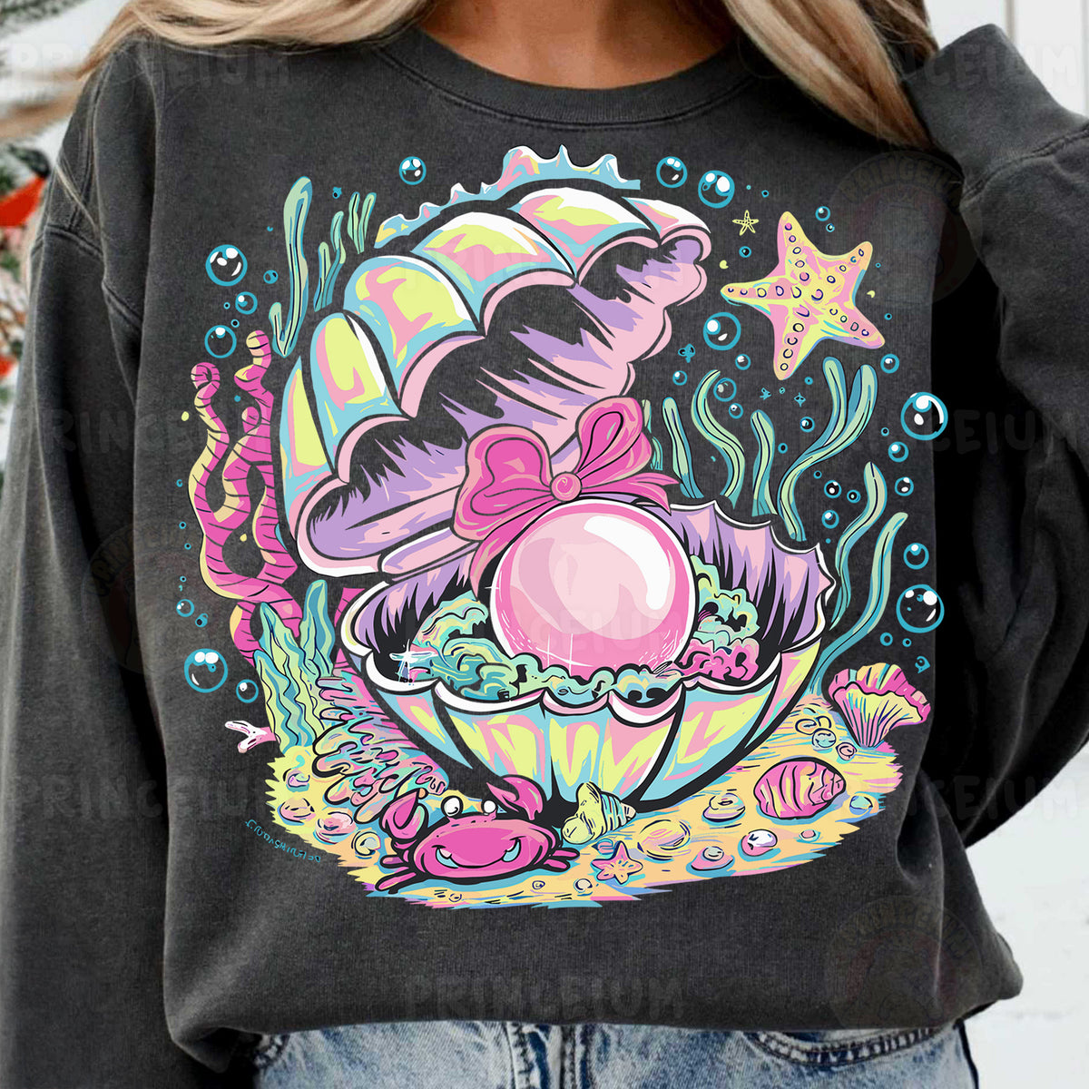 a woman wearing a sweatshirt with an image of an octopus on it
