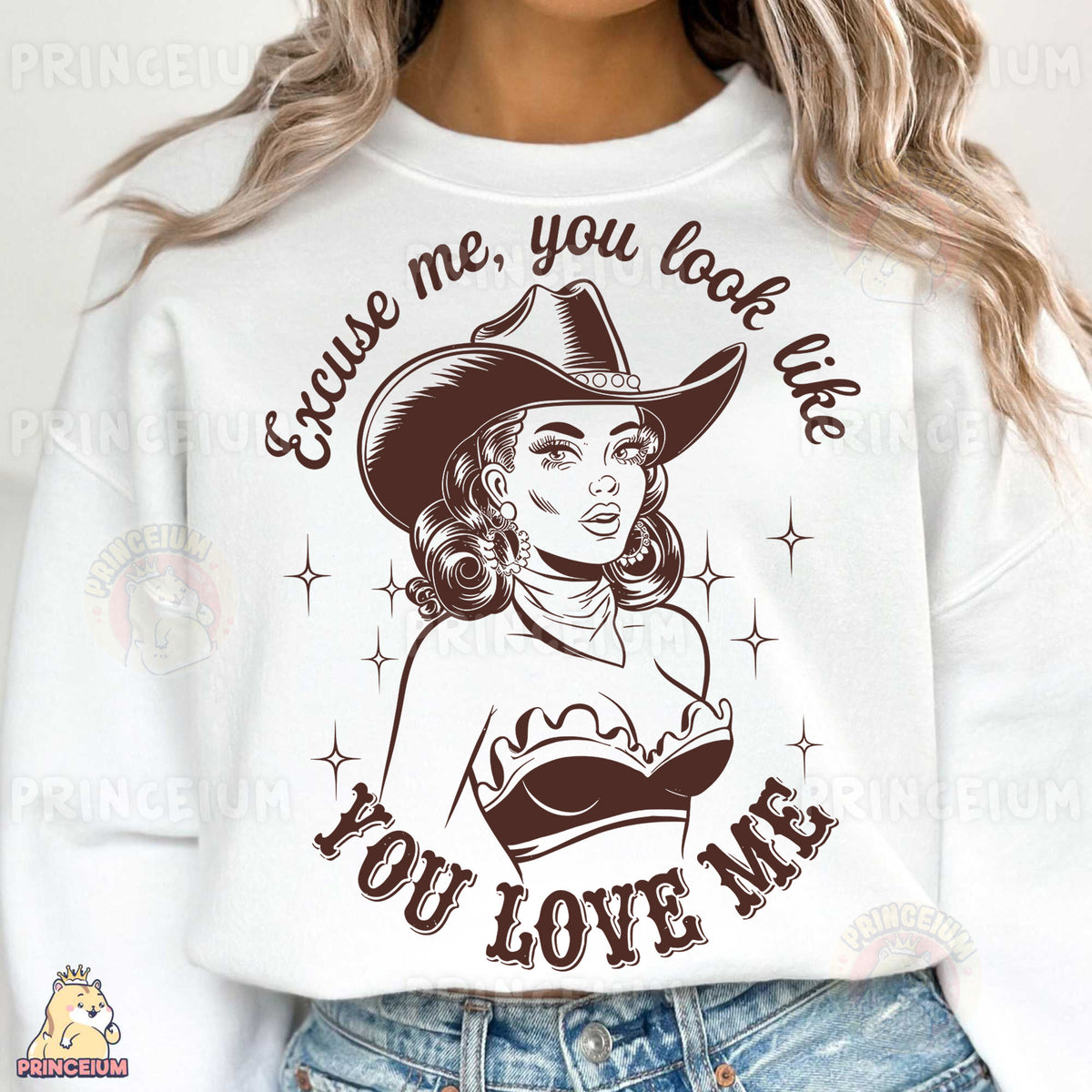 a woman wearing a white shirt with a cowboy hat on it