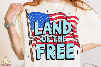 a woman wearing a t - shirt that says land of the free