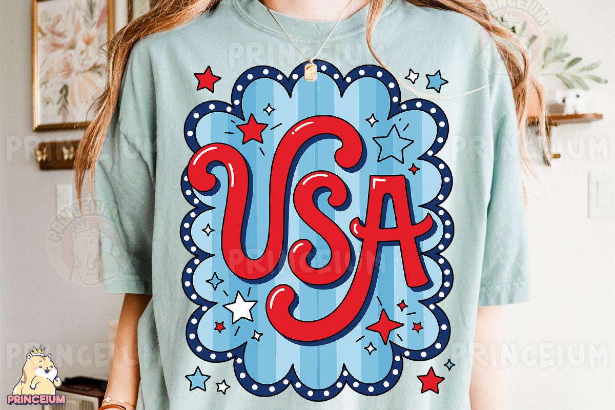 a woman wearing a usa t - shirt in a room