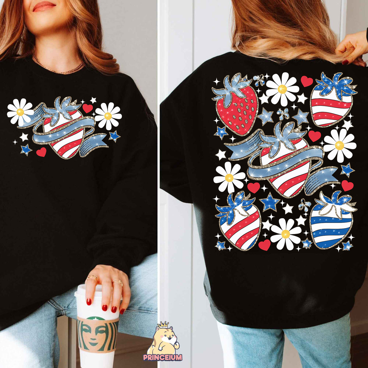a woman wearing a black sweatshirt with american flags and flowers on it