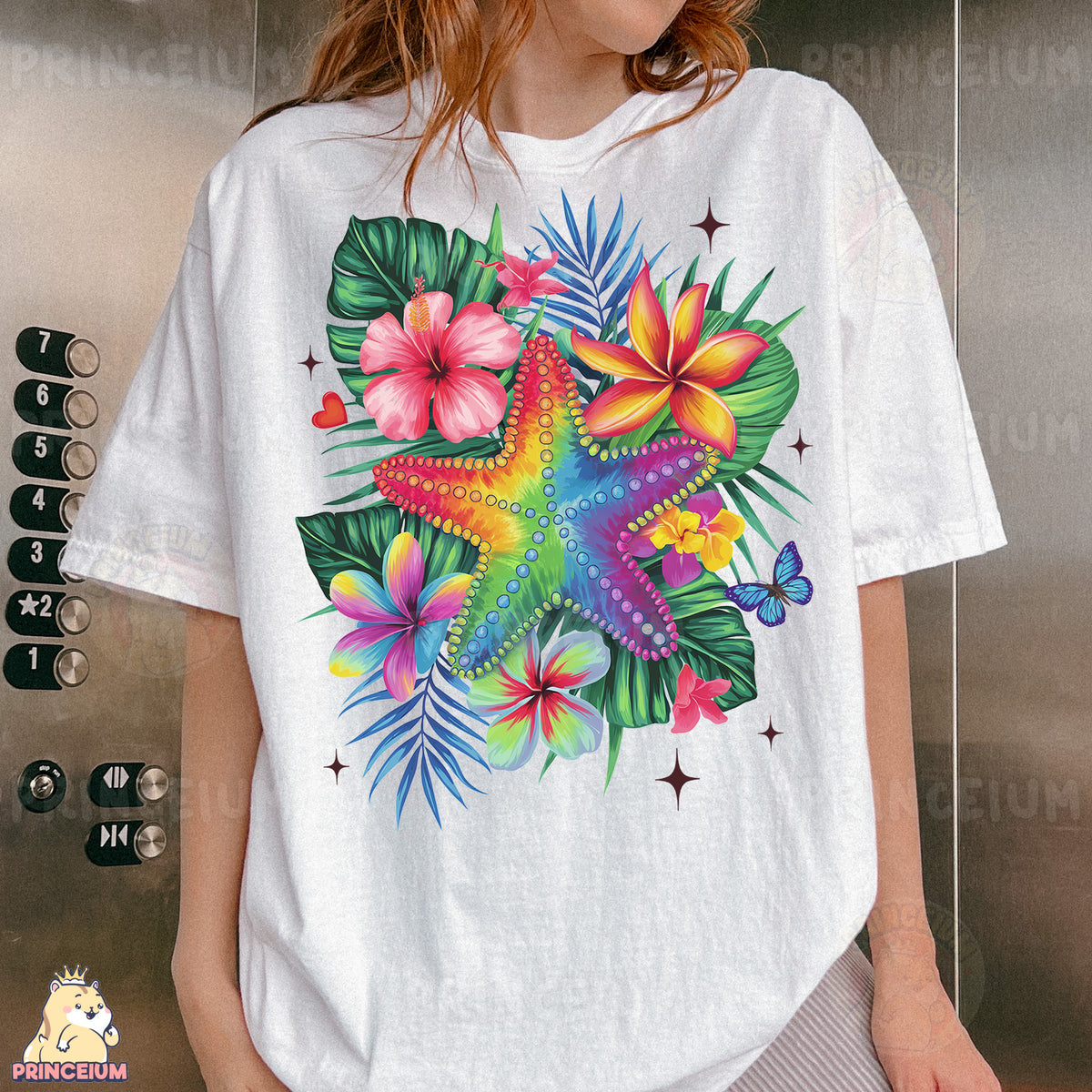 a woman wearing a t - shirt with a starfish and flowers on it