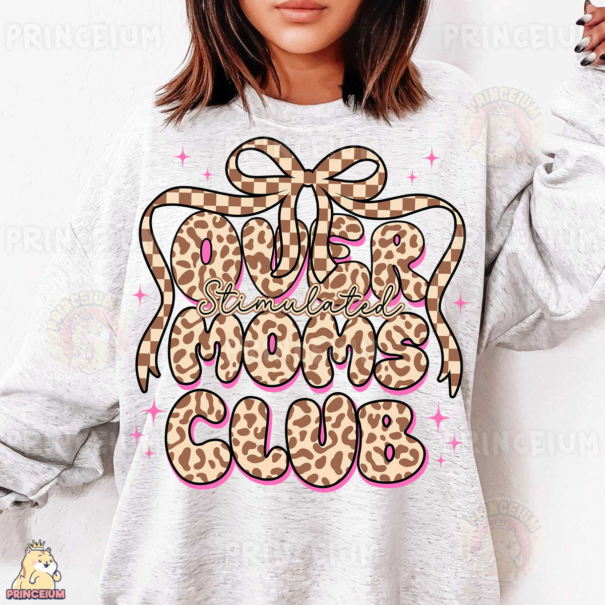 a woman wearing a sweatshirt with a leopard print on it