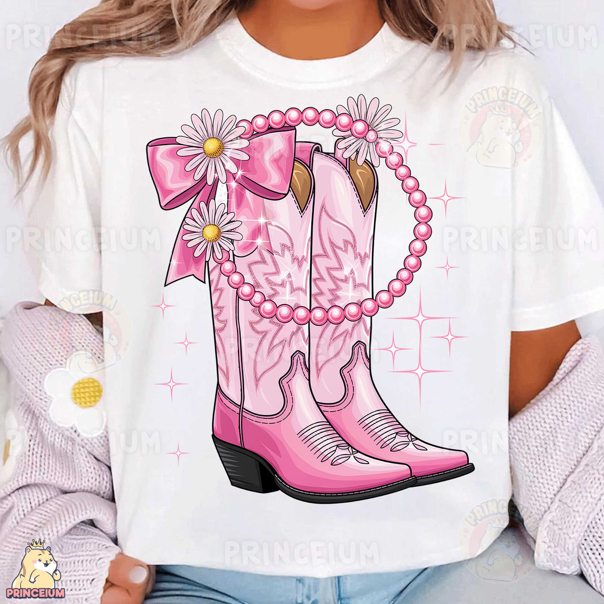 a woman wearing a white shirt with pink cowboy boots