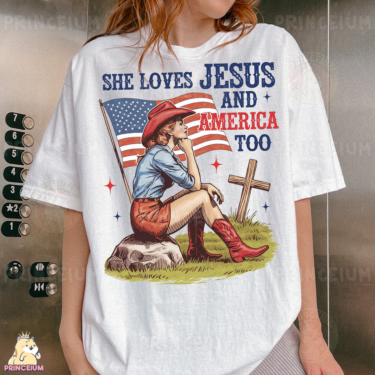 a woman wearing a t - shirt that says she loves jesus and america too