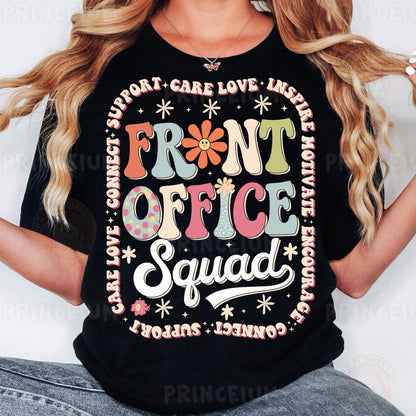 a woman wearing a black shirt that says front office squad