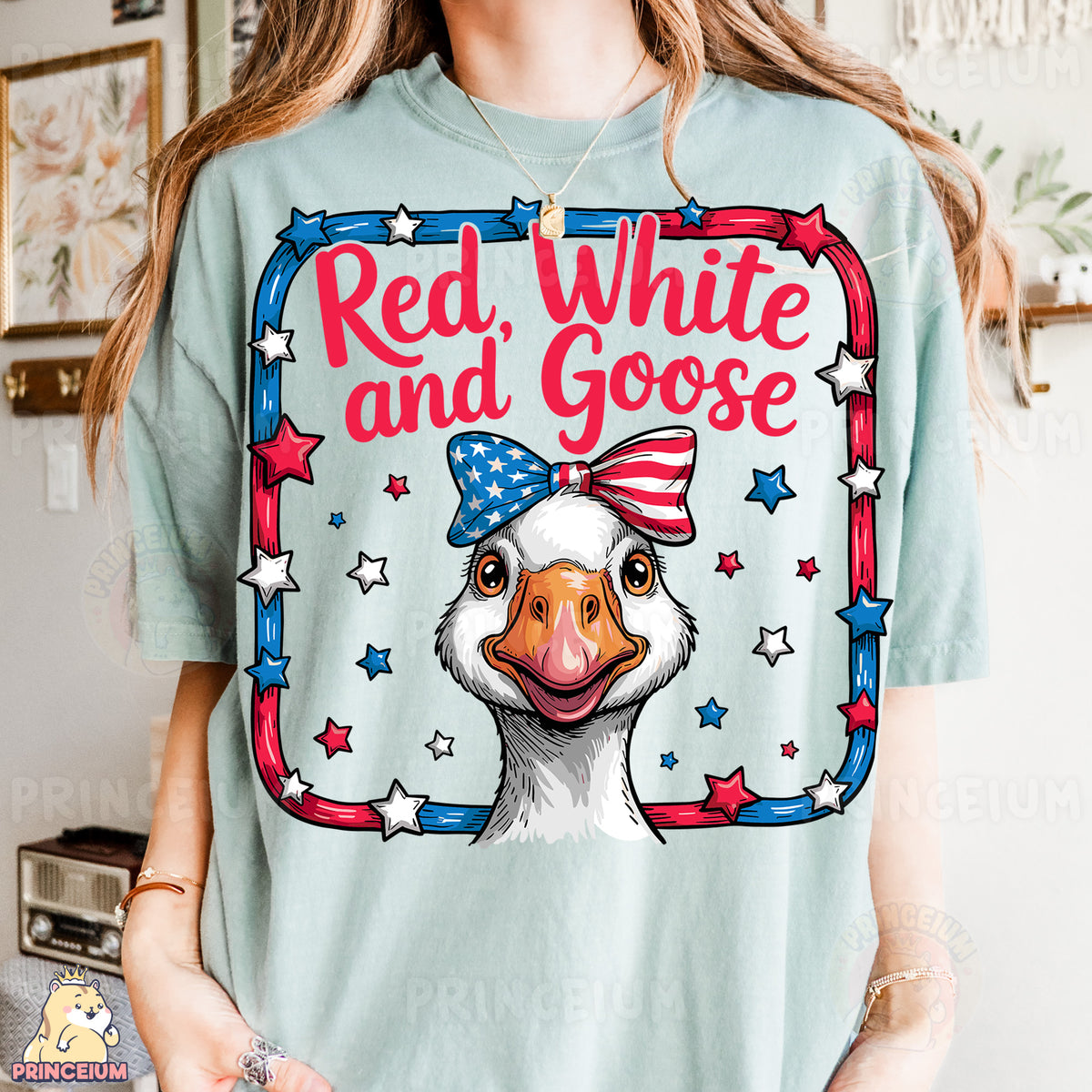 a woman wearing a red, white and goose t - shirt