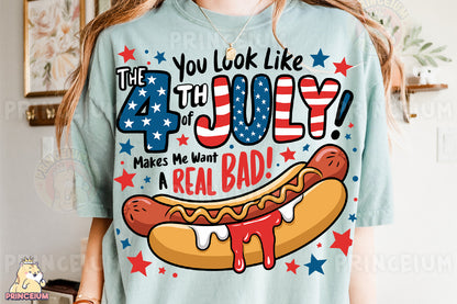 a woman wearing a t - shirt with a hot dog on it