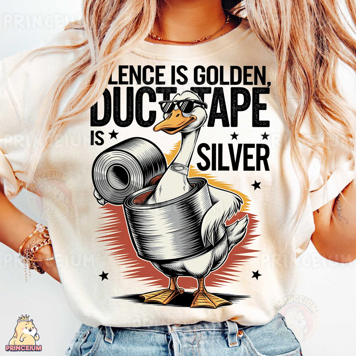 a woman wearing a t - shirt with a duck holding a roll of toilet paper