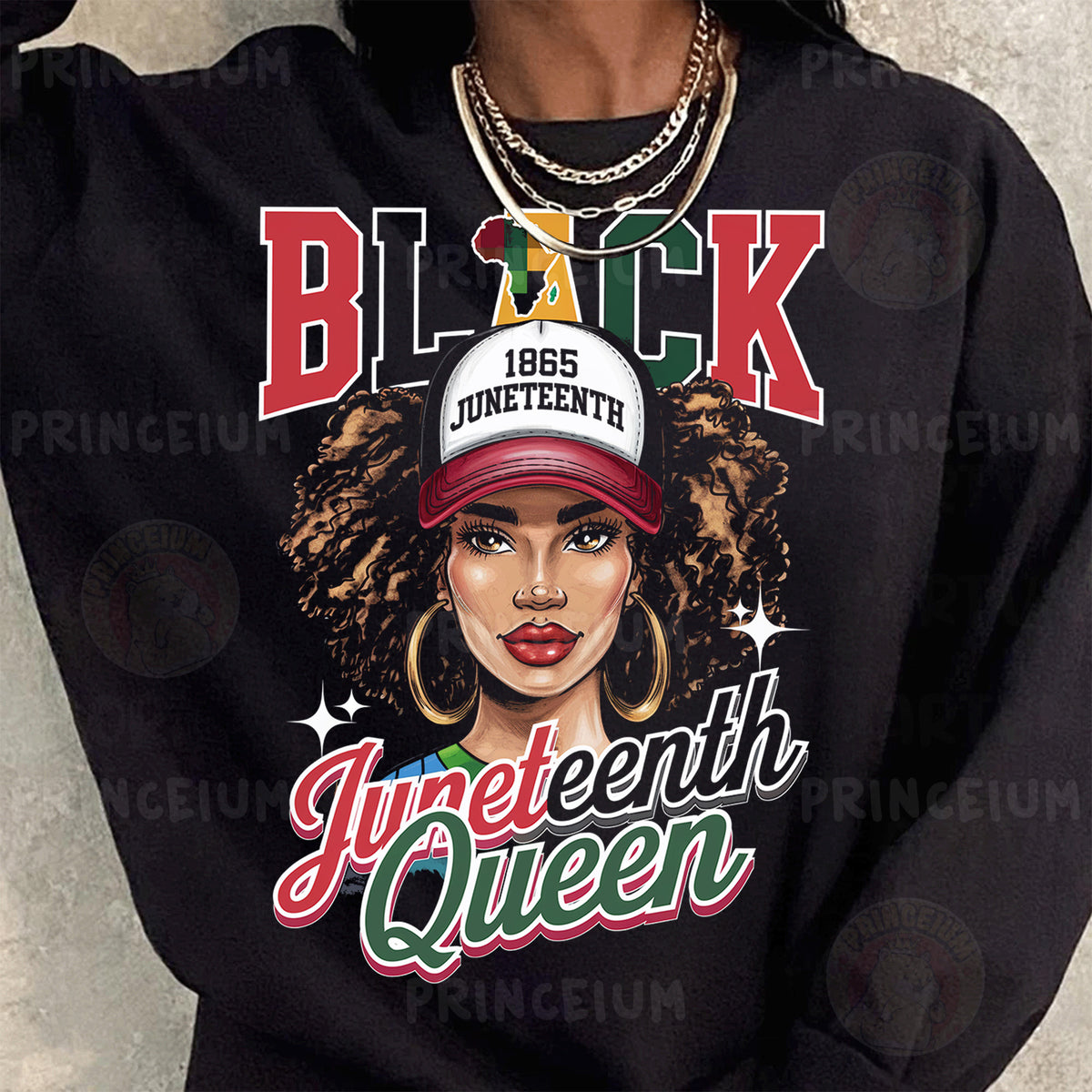 a woman wearing a black sweatshirt with a picture of a woman wearing a black hat