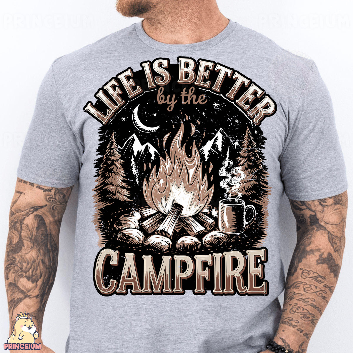 a man wearing a t - shirt that says life is better by the campfire