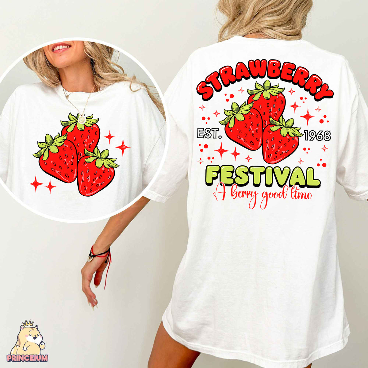 a woman wearing a white shirt with strawberries festival on it