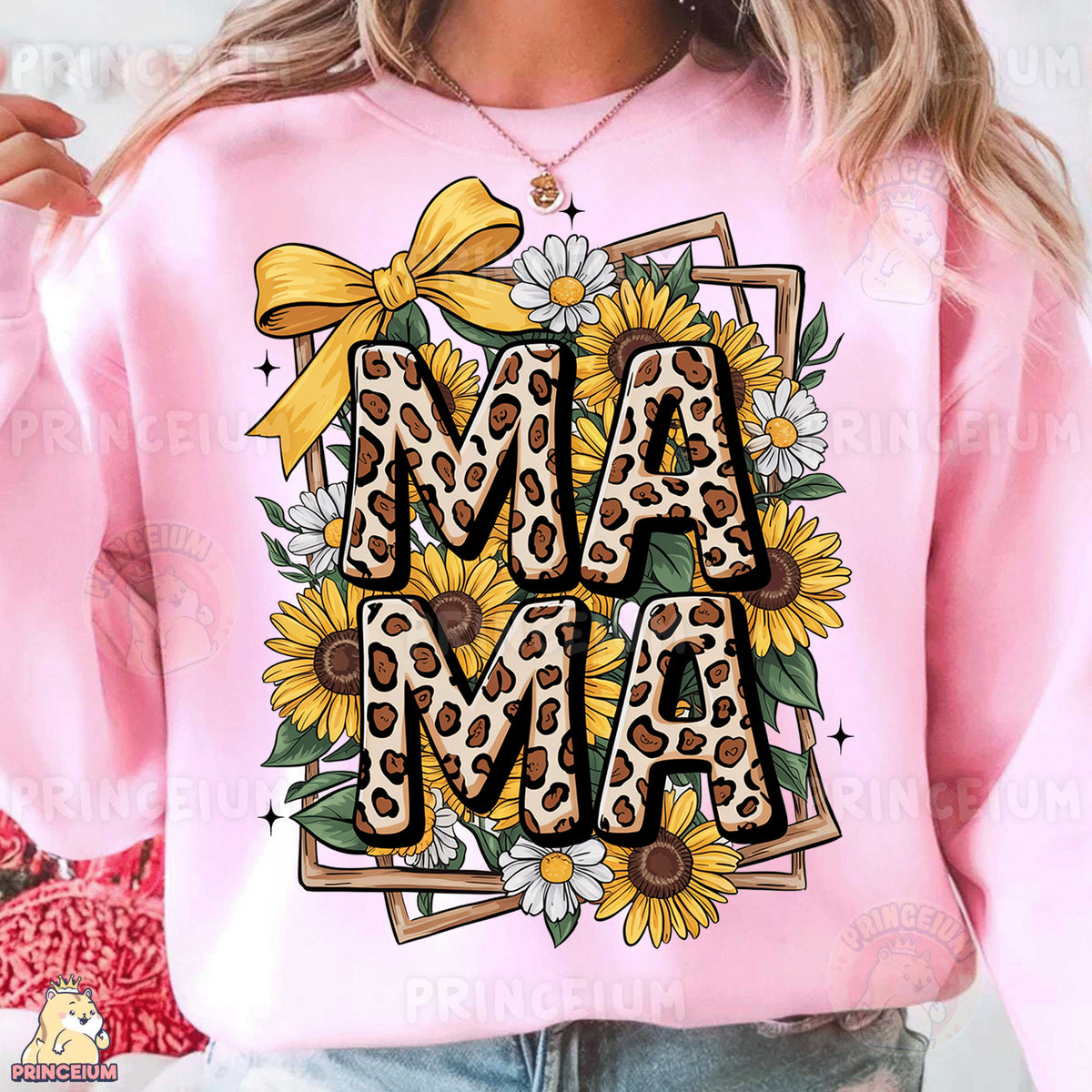 a woman wearing a pink sweatshirt with sunflowers on it
