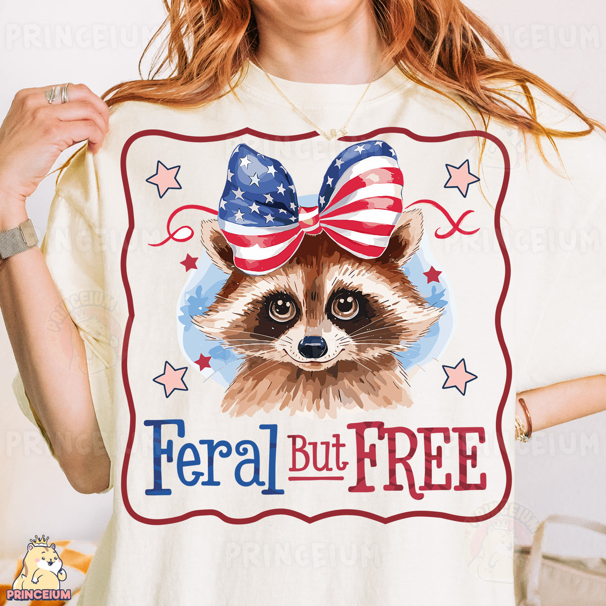 a woman wearing a t - shirt with a raccoon wearing a bow