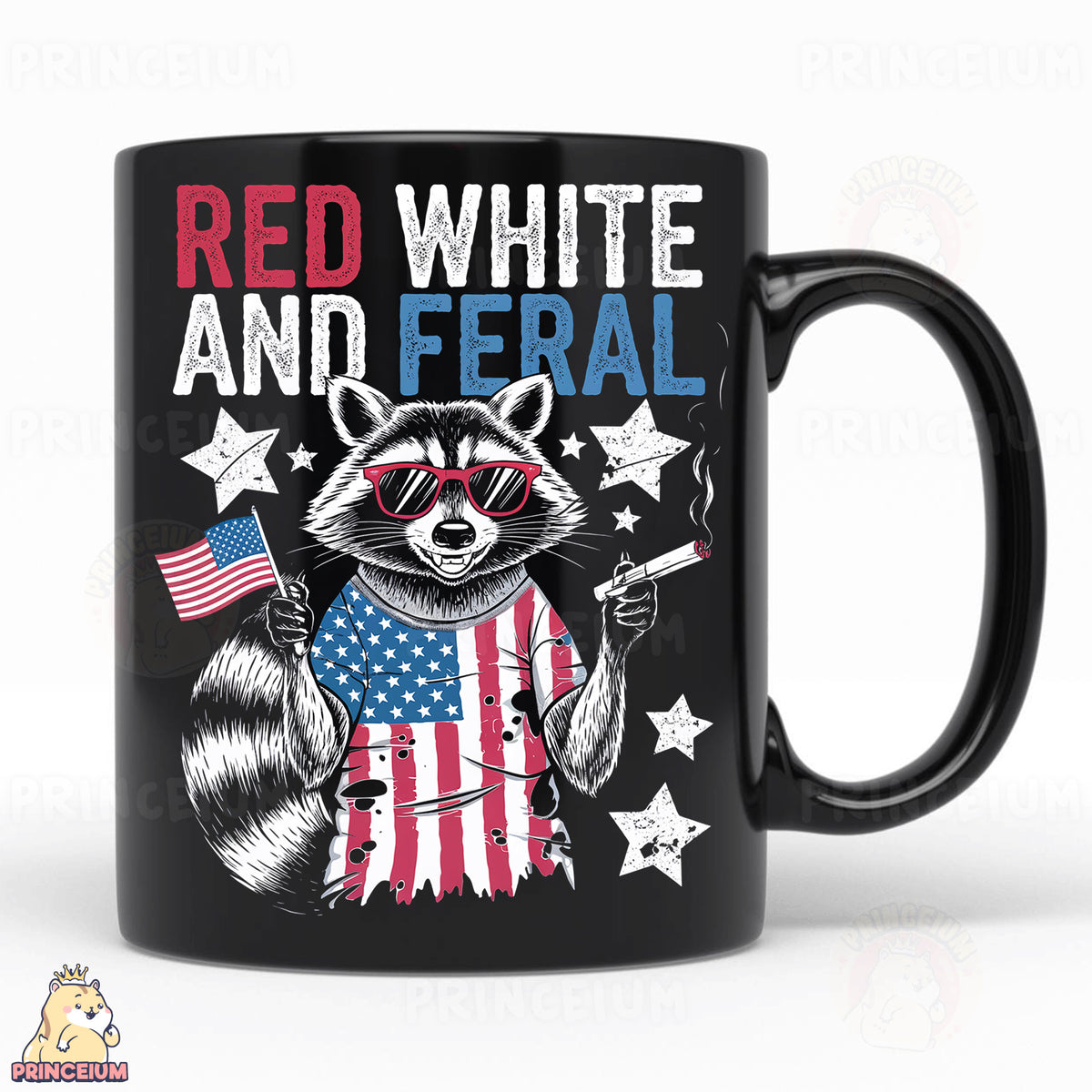 a black coffee mug with a raccoon holding an american flag