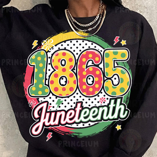 a woman wearing a black sweatshirt with a colorful graphic