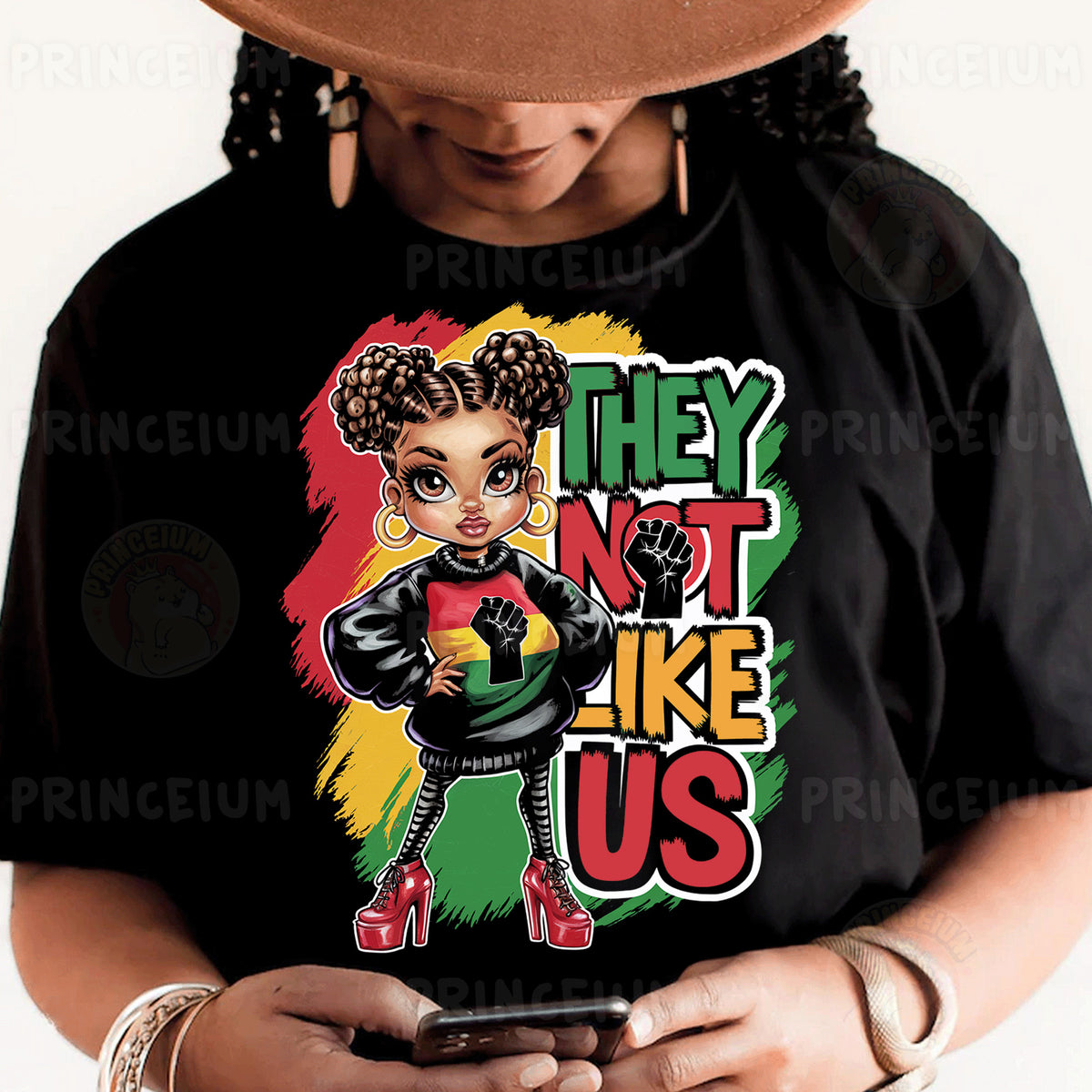 a woman wearing a black t - shirt that says they not like us