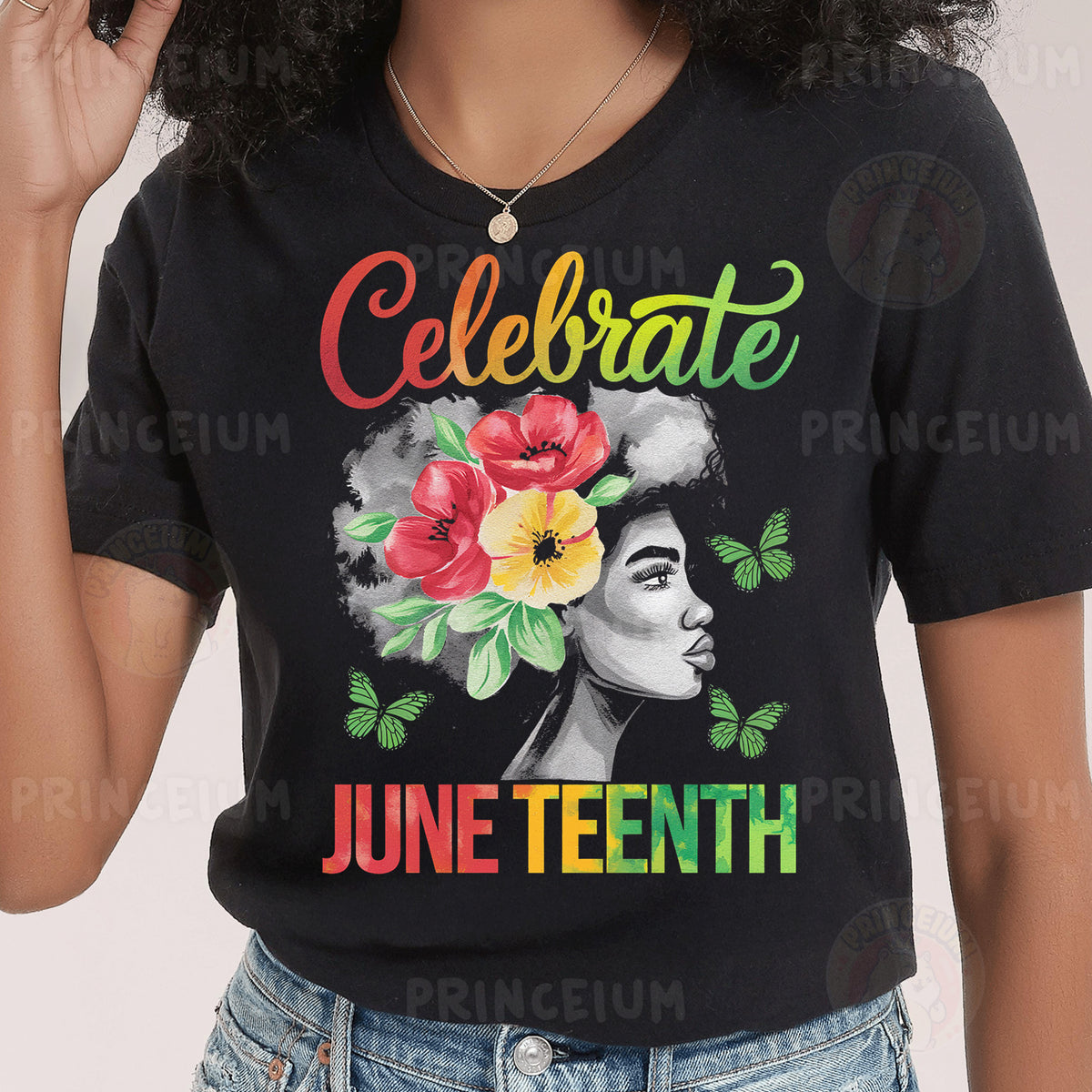 a woman wearing a black shirt with flowers on it