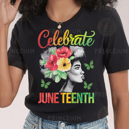 a woman wearing a black shirt with flowers on it