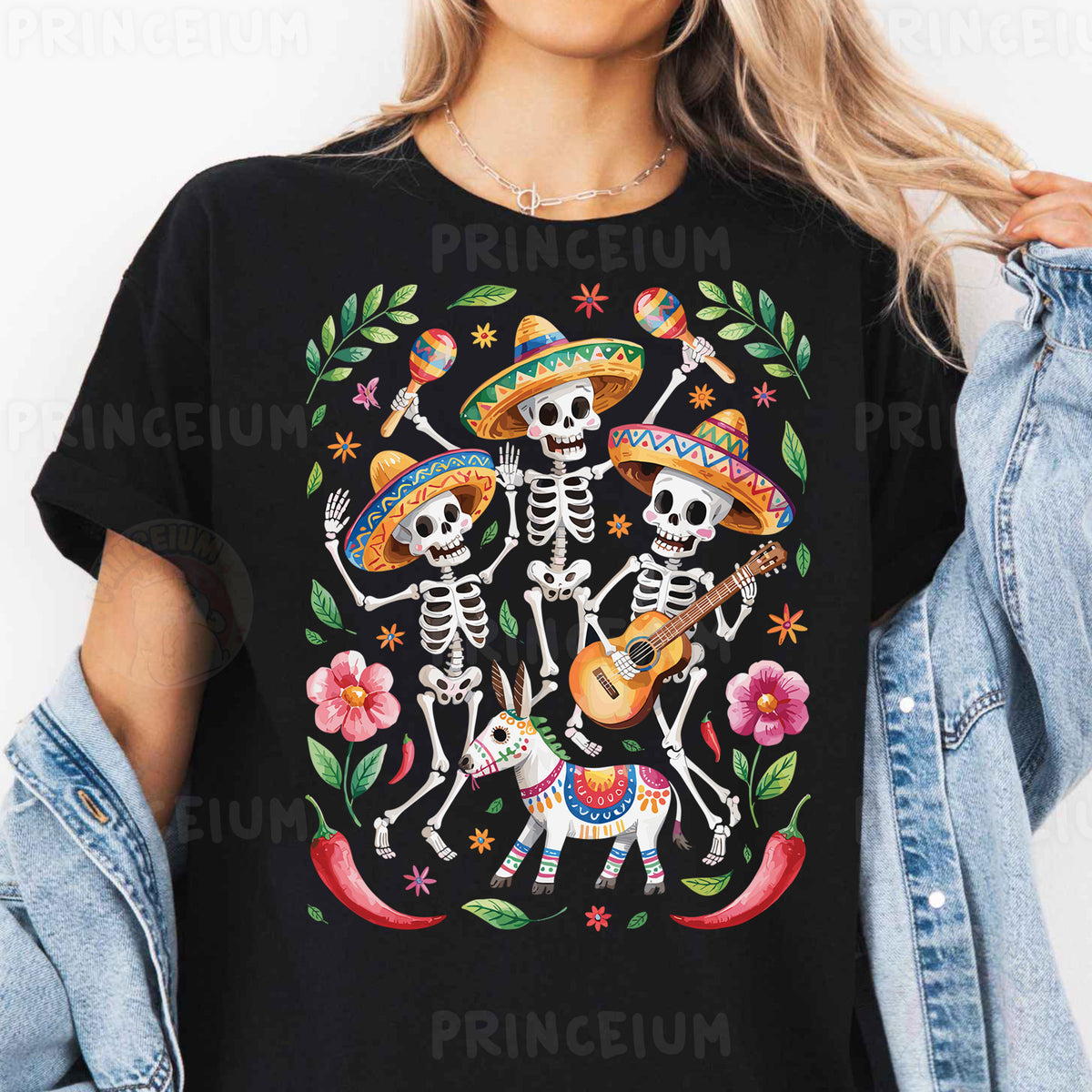 a woman wearing a black t - shirt with a skeleton playing guitar