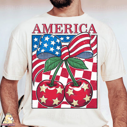a man wearing an american cherry t - shirt