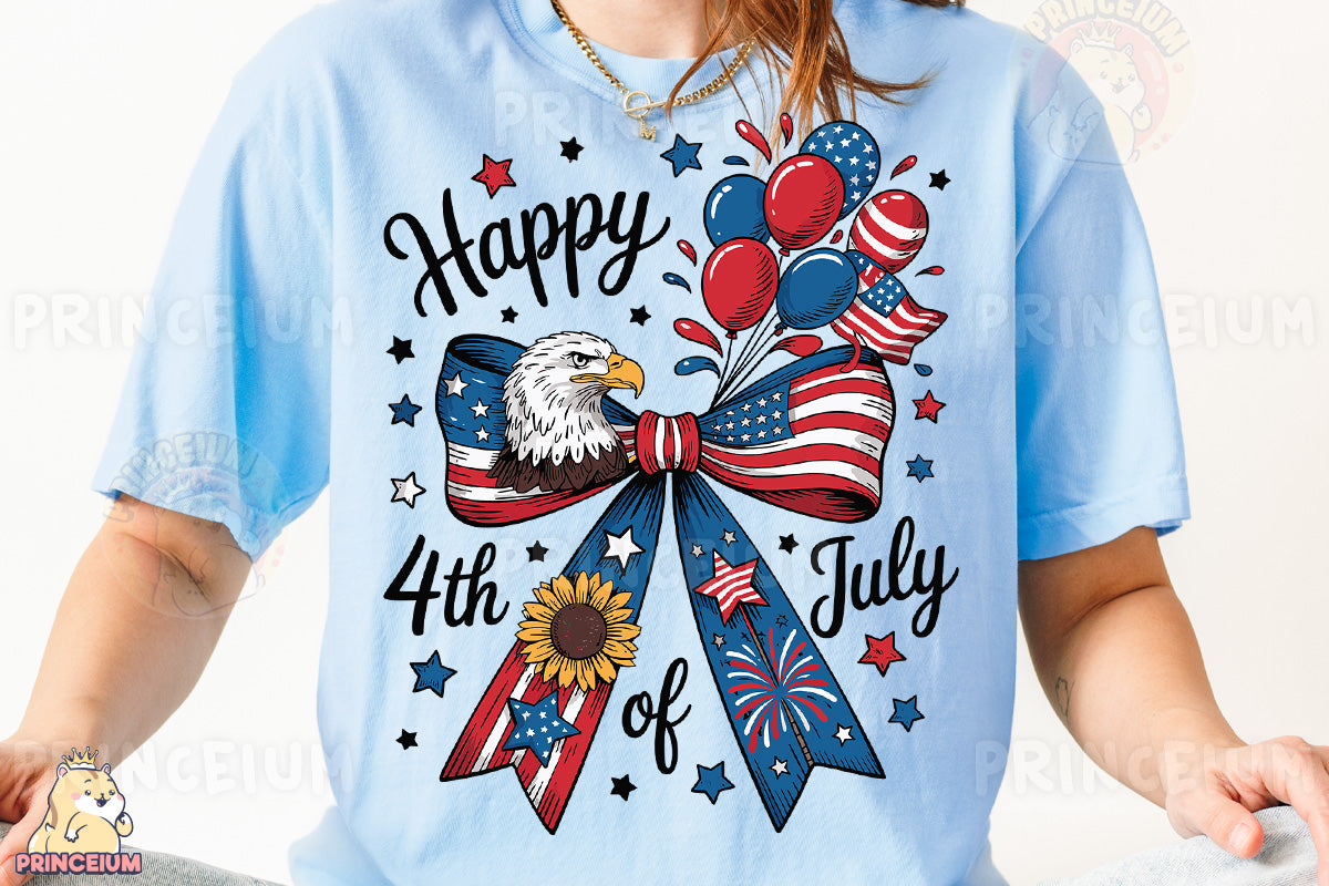 a woman wearing a happy 4th of july t - shirt