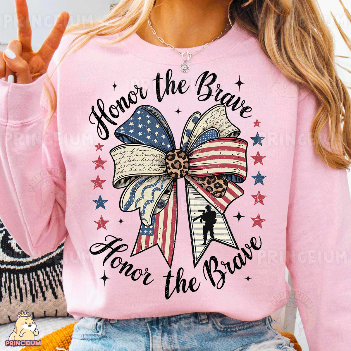 a woman wearing a pink shirt with an american flag bow