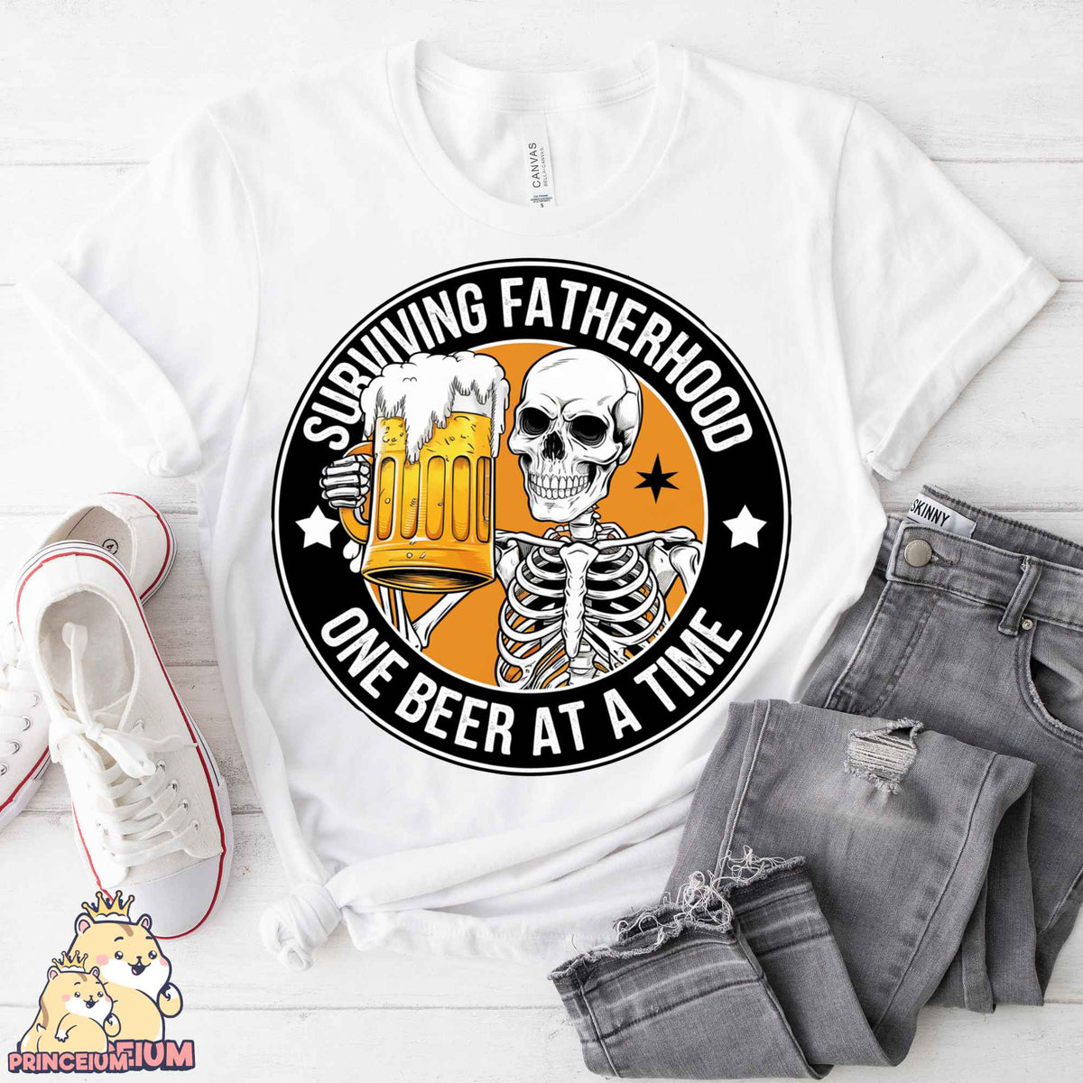 a t - shirt with a skeleton holding a mug of beer