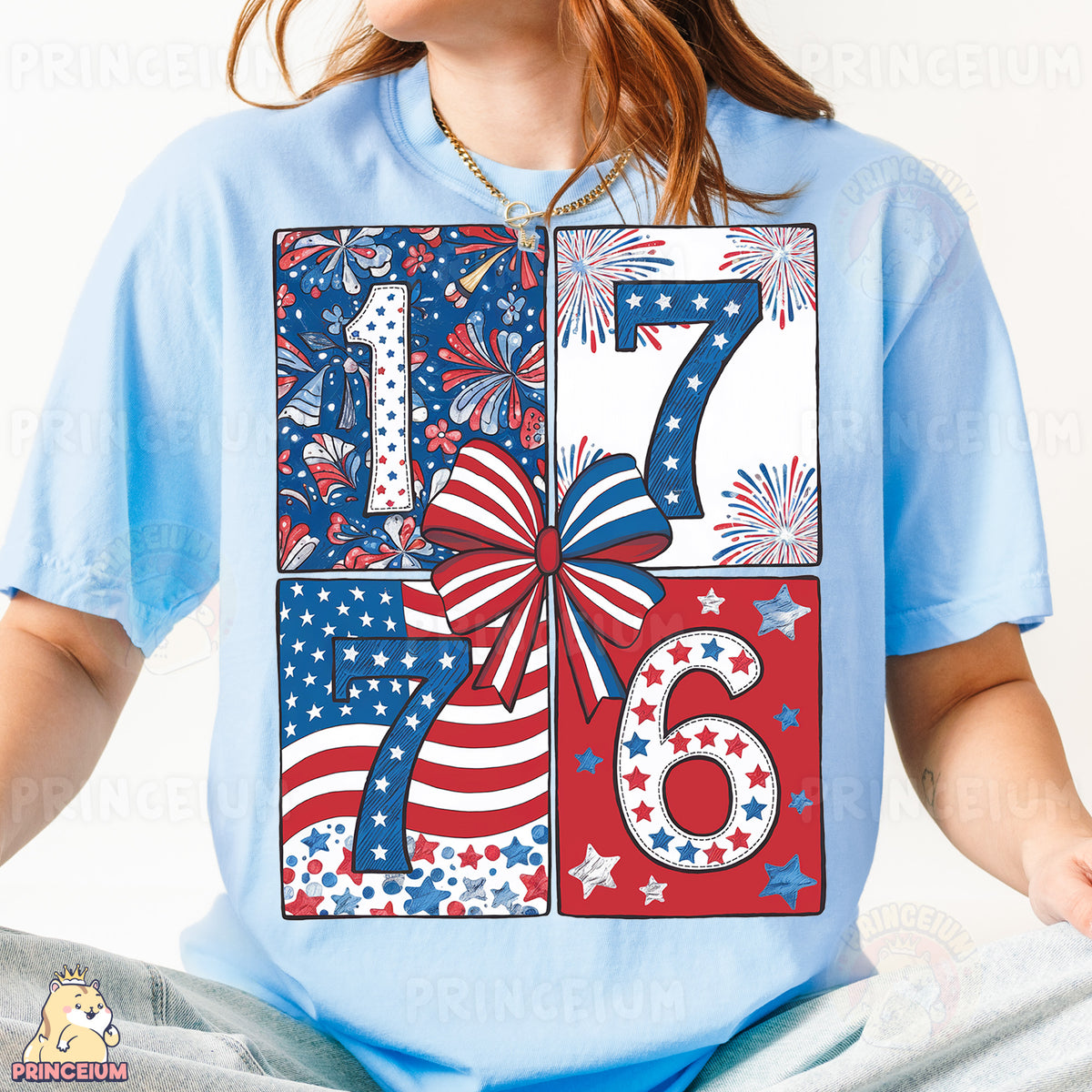 a woman wearing a fourth of july t - shirt