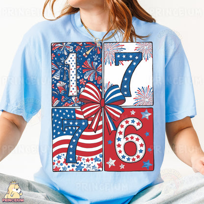 a woman wearing a fourth of july t - shirt