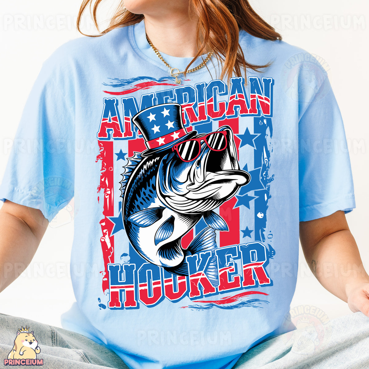 a woman wearing a blue american hooker t - shirt