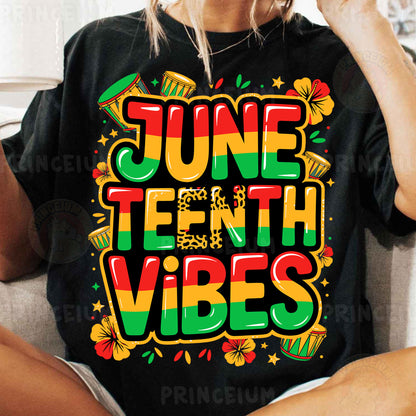 a woman sitting on a couch wearing a t - shirt that says june tenth vibe