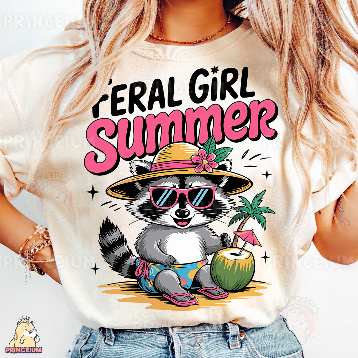 a woman wearing a t - shirt with a raccoon wearing a hat and